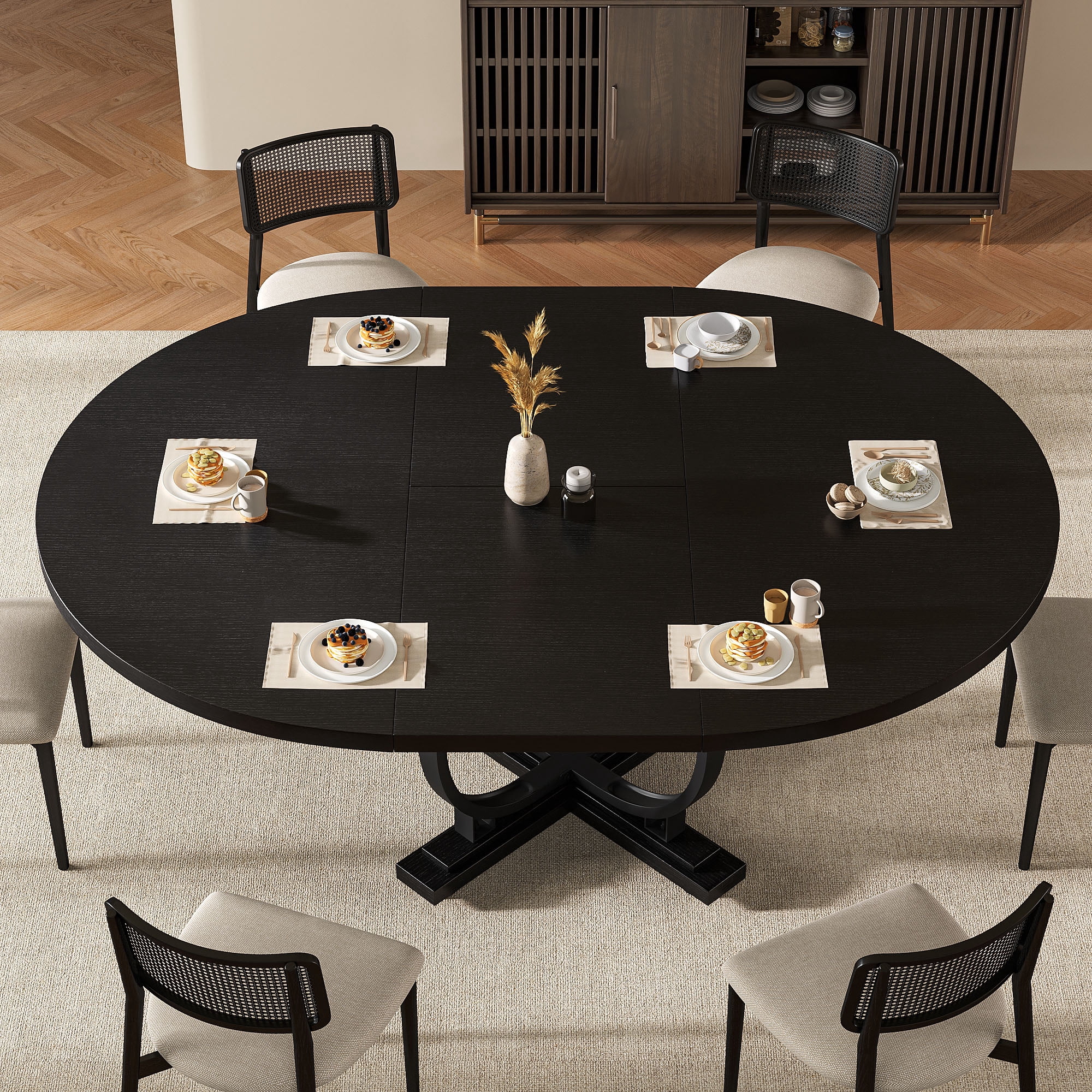 Einhomn 59”Extendable Round Dining Table for 4-8 ,Dining Room Table with X-Shaped Heavy Duty Metal Base,Thickened MDF Board,Modern Kitchen Dining Table,Space Saving,Black