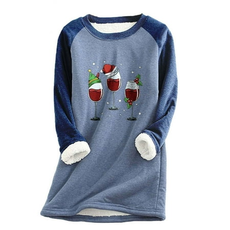 

Women s Winter Wool Lining Warm Tops Vintage Christmas Print Crew Neck Splicing Long Sleeve Pullover Shirt Casual Loose Home Pajamas Yoga Clothing