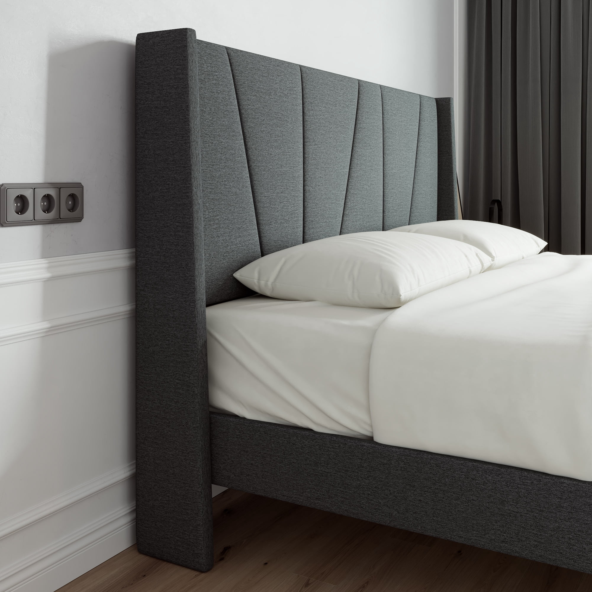 Sha Cerlin King Bed Frame, Upholstered Platform Bed with Wingback and Geometric Headboard, Gray