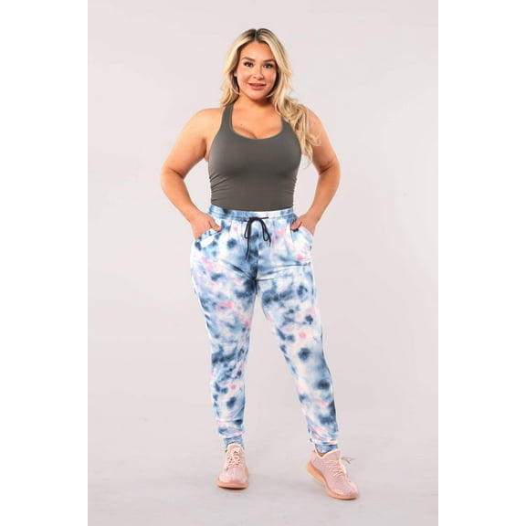 Plus Size Soft Brushed Joggers With Shoe Lace Tie - Blue, Pink Tie Dye