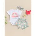 thumbnail image 4 of vera natura Baby Girl Summer Outfits Letter Rainbow Floral Print Short Sleeve Rompers Shorts Headband 3Pcs Clothes Set, 4 of 9