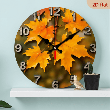 2D Flat 1pc 10Inch Wooden Autumn Maple Leaves Wall Clock - Silent Non-Ticking Modern Minimalist Round Clock with Golden Hands Black Numerals, Golden-Yellow to Brown Fall Foliage Design