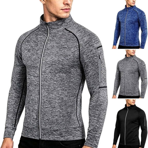 Mens Performance Stand Collar Full Zip Sport Track Jacket, Quick Dry Breathable Long Sleeve Athletic Running Workout Top with Zipper Pocket Big & Tall Size M-4XL Dark Gray