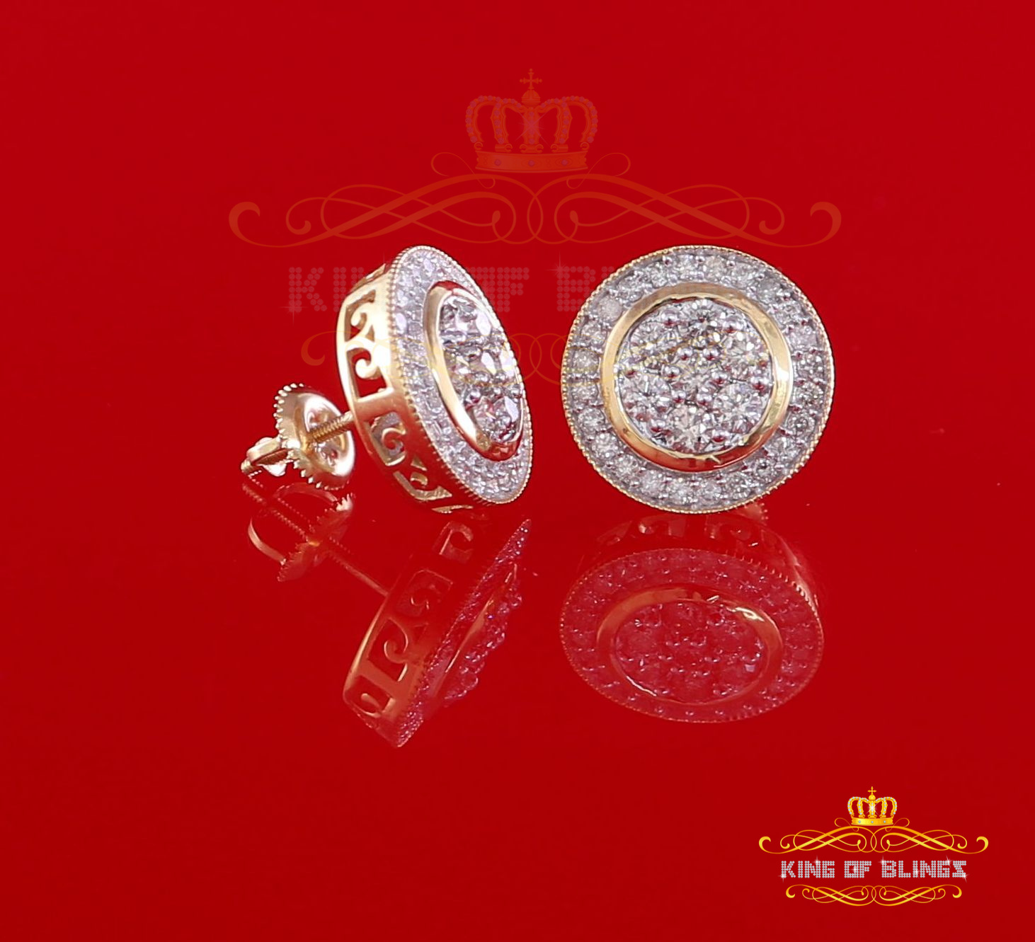 King of Bling's 10K Real Yellow Gold Real Diamond 1.66CT Men's/Women's Stud Round Earring