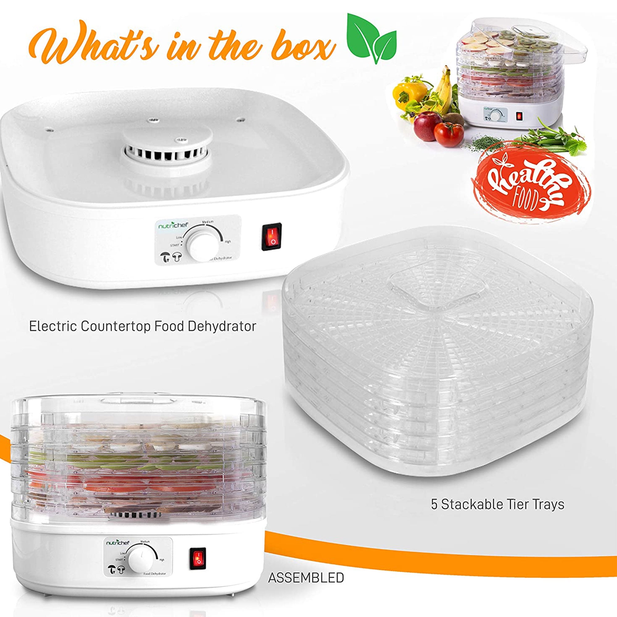 OVENTE Food Dehydrator Machine with 5 Stackable Clear Trays and