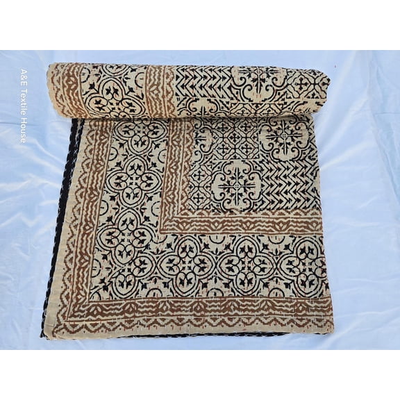 Hand Block Print Kantha Quilt: Floral Indian Cotton Bedding