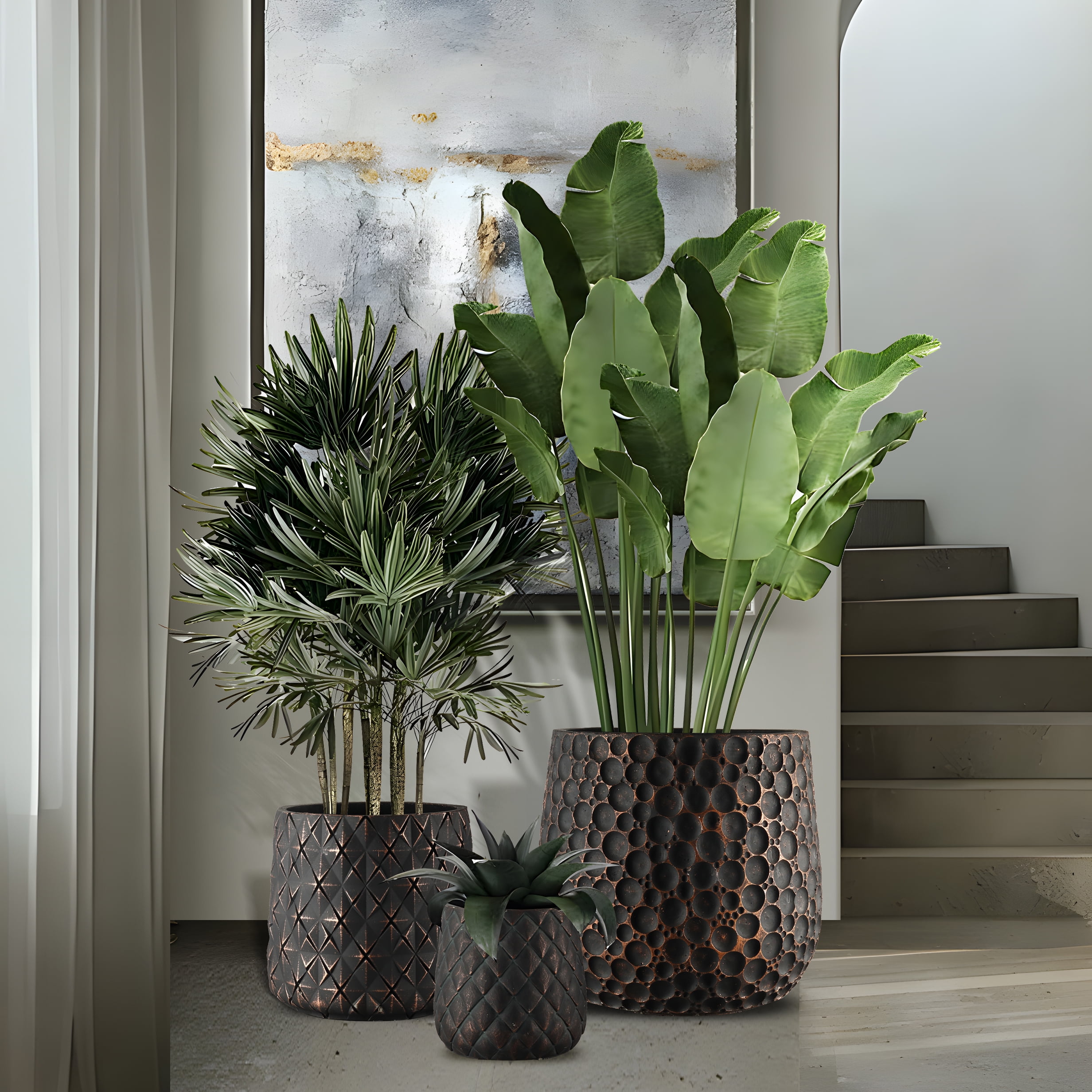 Craft Flowerpots Round Concrete Planter Set of 3 Large Outdoor/Indoor Planter Pots Containers with Drainage Holes and Rubber Plug for Home Garden (18"+13"+9" Dia) (SH003)