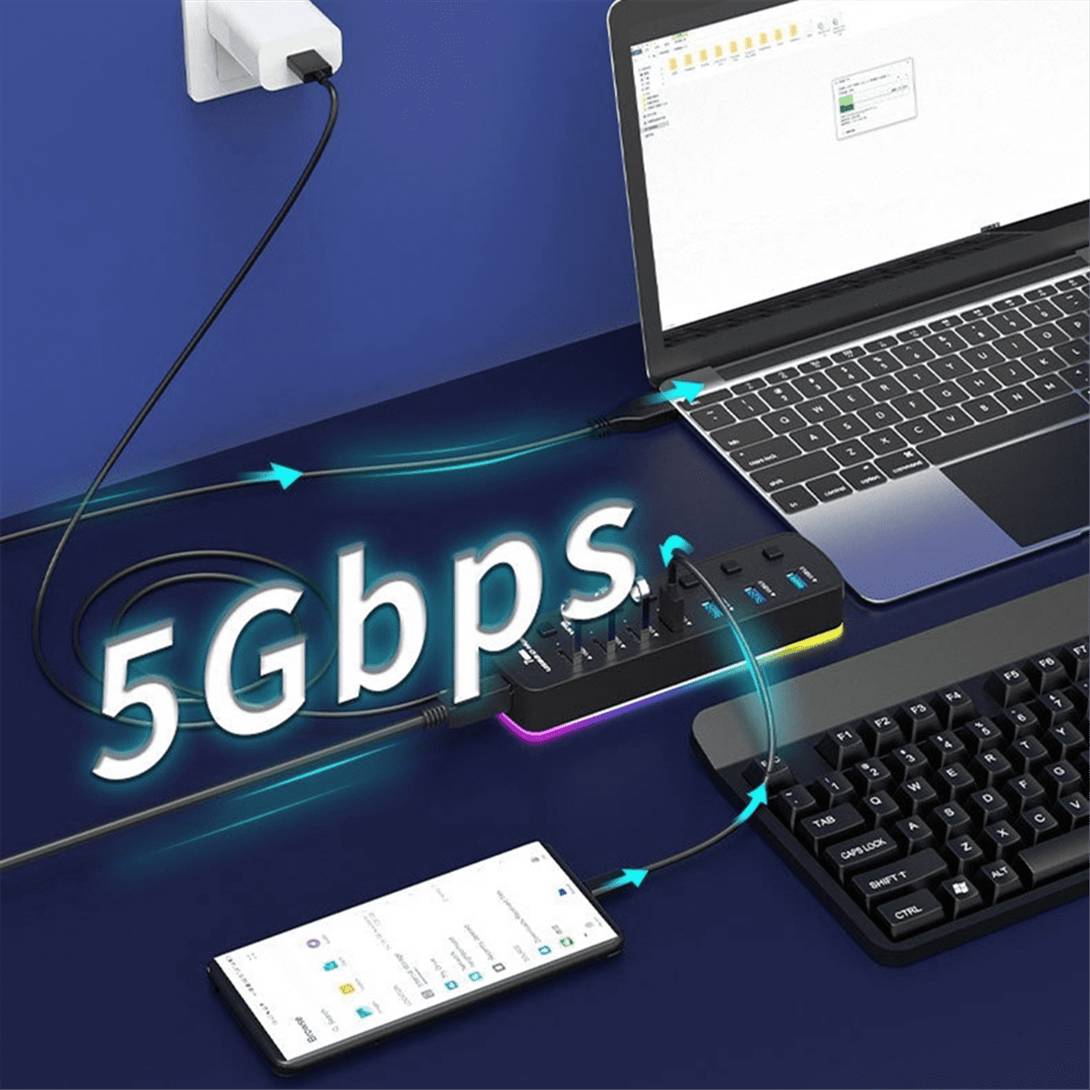 RGB USB 3.0 Hub 7 Ports USB Port Adapter 5Gbps Individual On/Off Switch Splitter Gaming USB Hub for Laptop PC Computer