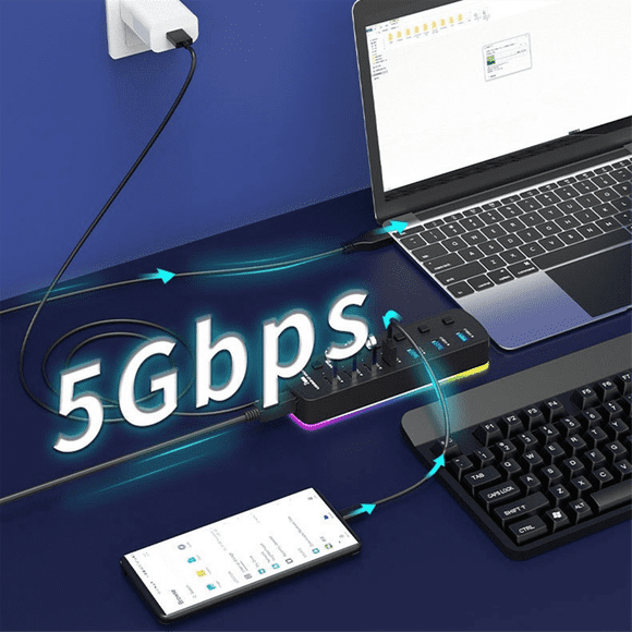 RGB USB 3.0 Hub 7 Ports USB Port Adapter 5Gbps Individual On/Off Switch Splitter Gaming USB Hub for Laptop PC Computer