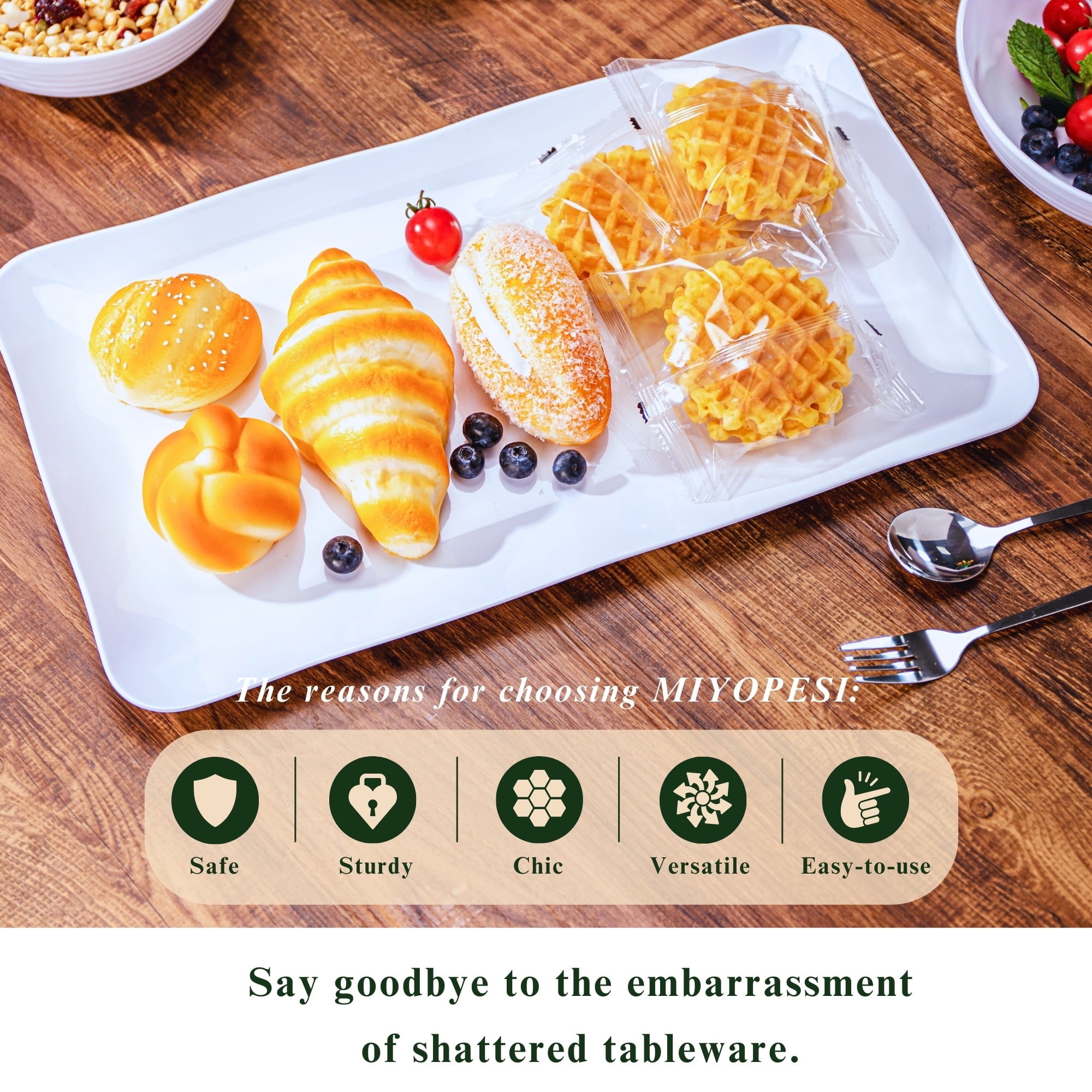 MIYOPESI 17-Inch Melamine Tray (Set of 2) - Unbreakable and Reusable Plastic Platters with Ceramic Feel, Stackable and Dishwasher-Safe - Versatile for All Meals