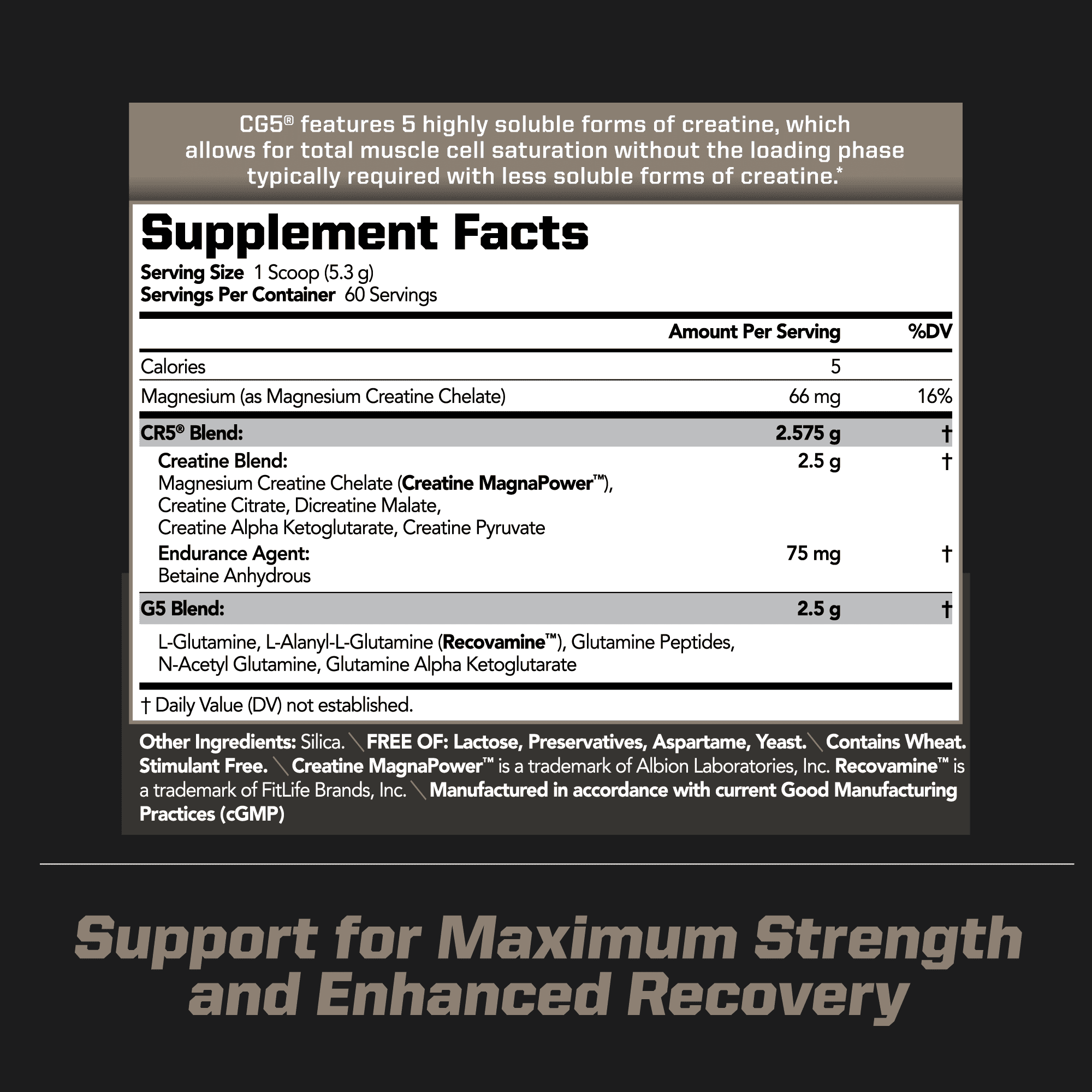 PMD Sports CG5 Creatine and Glutamine Powder-Maximum Strength Power & Recovery, Build Lean Muscle, Increase Performance - Pre Workout and Post Workout - Unflavored (60 Servings)