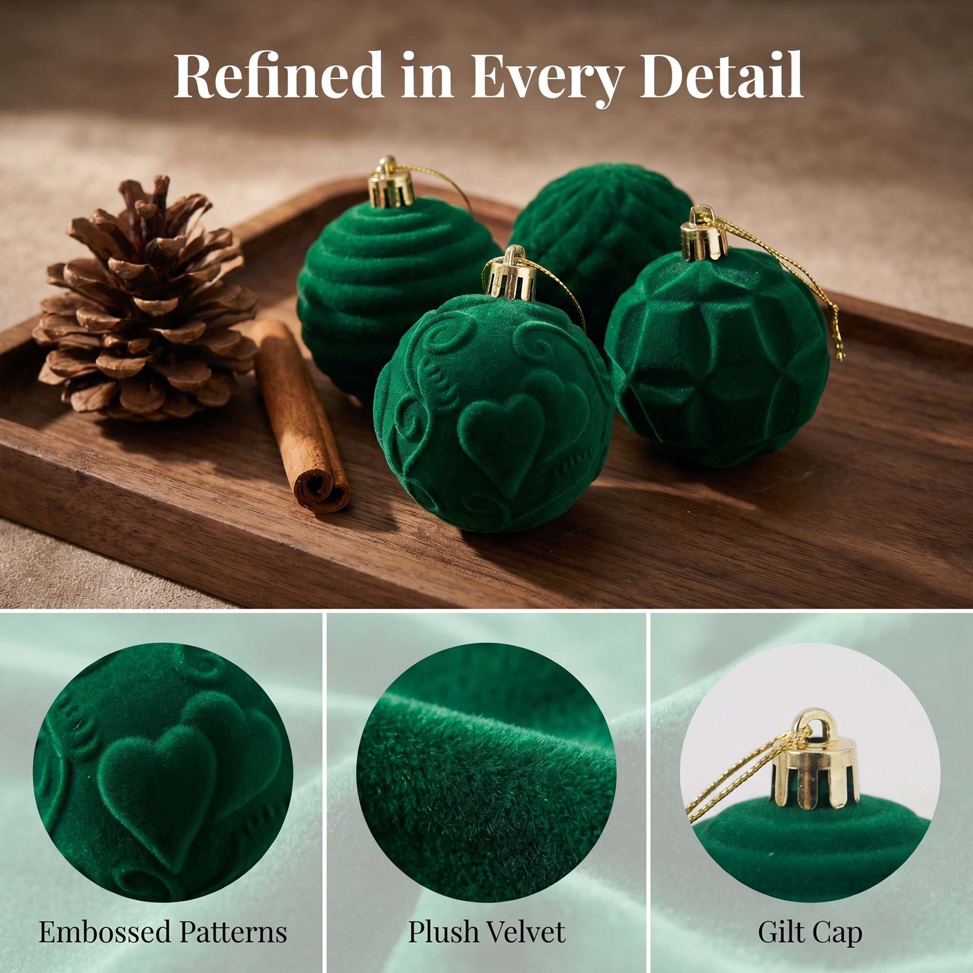 Unique Bargains Velvet Christmas 12 Pack Flocked Sphere Orbs Luxury Ornaments Green 2.4"