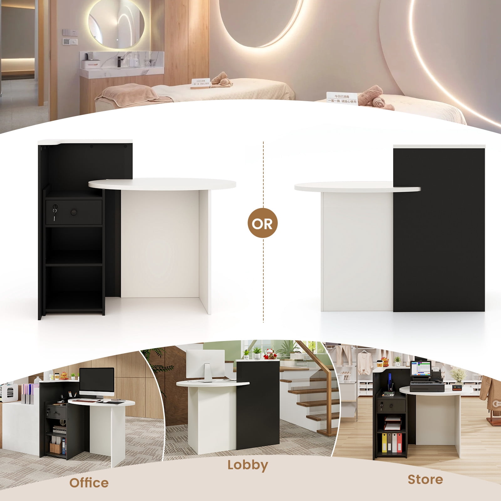 Giantex Reception Desk, Computer Workstation w/Lockable Drawer & Open Shelves, Checkout Counter, White & Black