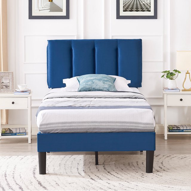 VECELO Twin/Full/Queen Upholstered Bed Frame with Adjustable Headboard, No Box Spring Needed/Easy Assembly, Dark Blue
