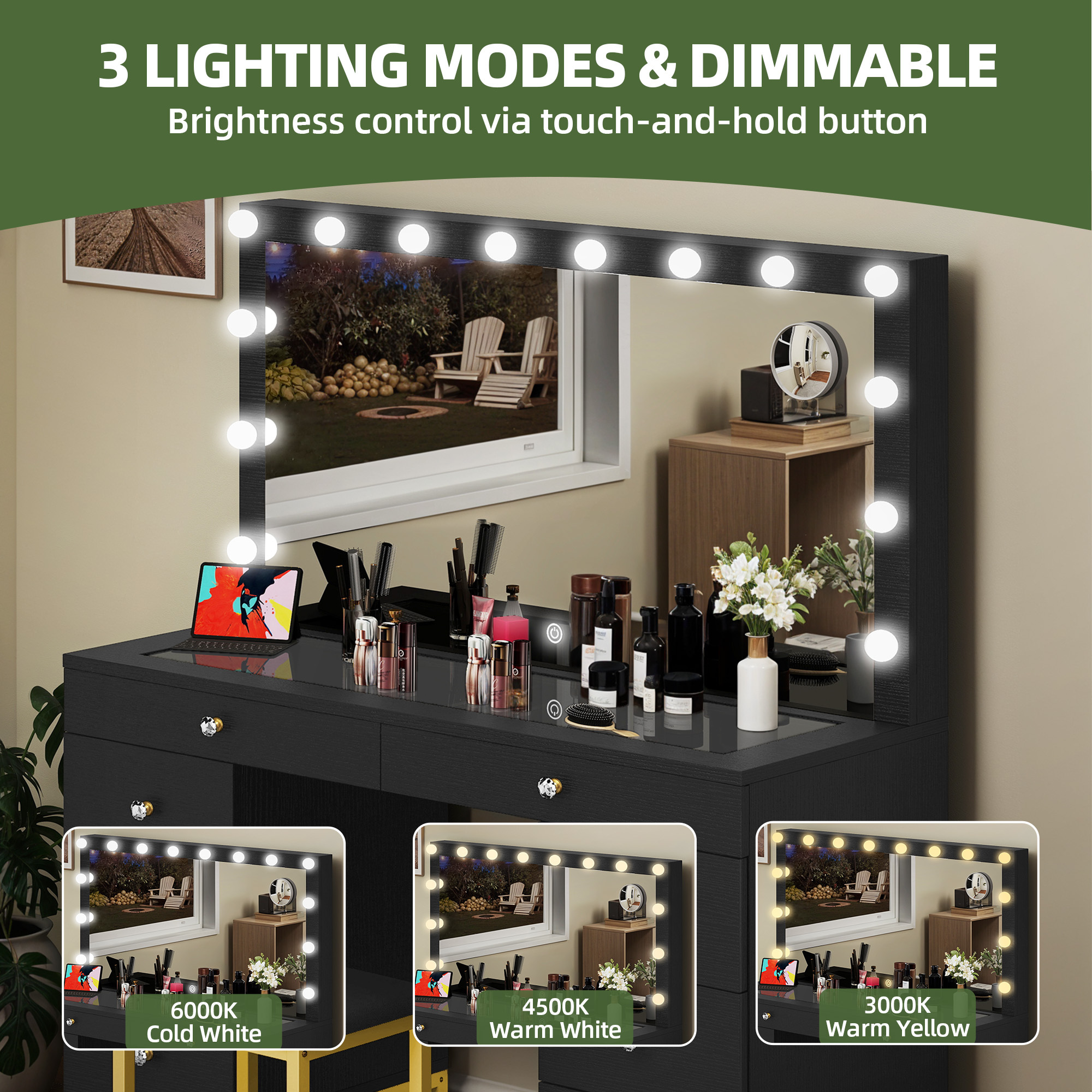 Uforic Black 8-Drawer Makeup Vanity Desk with Dimmable Hollywood LED Mirror USB-C & 2 AC Outlets