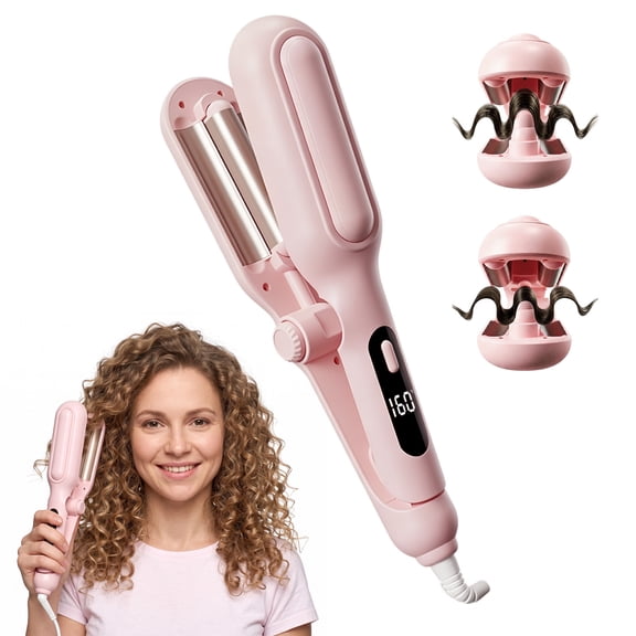 Adjustable Curling Iron Hair Crimper Waver - Beach Waves Curling Wand, Ionic Deep Waver Hair Curler Tool with Ceramic 3 Barrel for Women, Dual Voltage, Anti-Scald, Easy to Use, 1&1.25 Inch