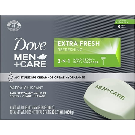 Dove Men+Care 3 In 1 Bar Cleanser For Body, Face, And Shaving To Clean And Hydrate Skin Extra Fresh Body And Facial Cleanser More Moisturizing Than Bar Soap 3.75 Oz 8 Bars