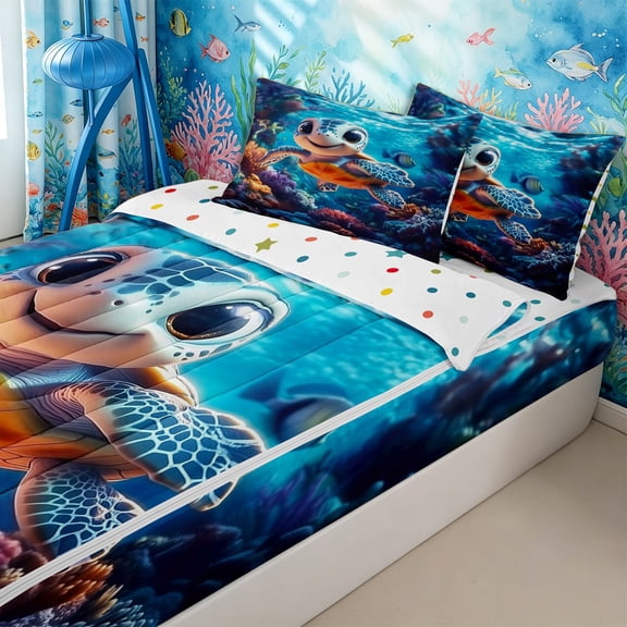 Homewish Teens Cartoon Sea Turtle Zipper Twin Comforter Sets with Fitted Sheet and 2 Pillowcases,Boys Girls Kawaii Coastal Ocean Animal Zipper Bedding Set,4-Piece