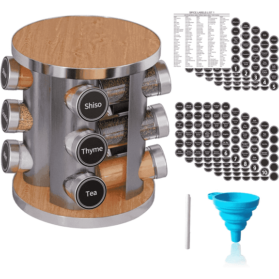 Tooloton Revolving Spice Rack with 12 Jars and 386 Labels, Stainless Steel