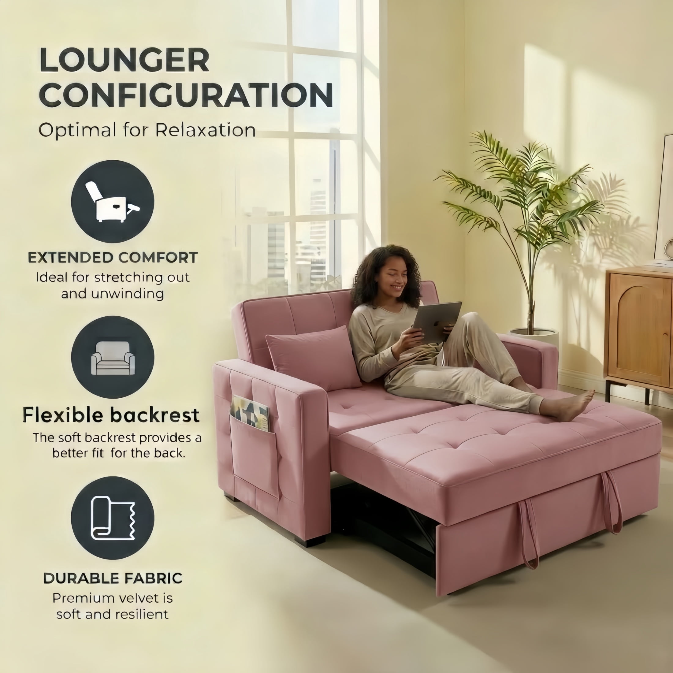 Amuille 3 in 1 Convertible Sleeper Sofa Bed, 54" Velvet Fabric Loveseat, Pull Out Couch for Living Room and Apartment, Pink