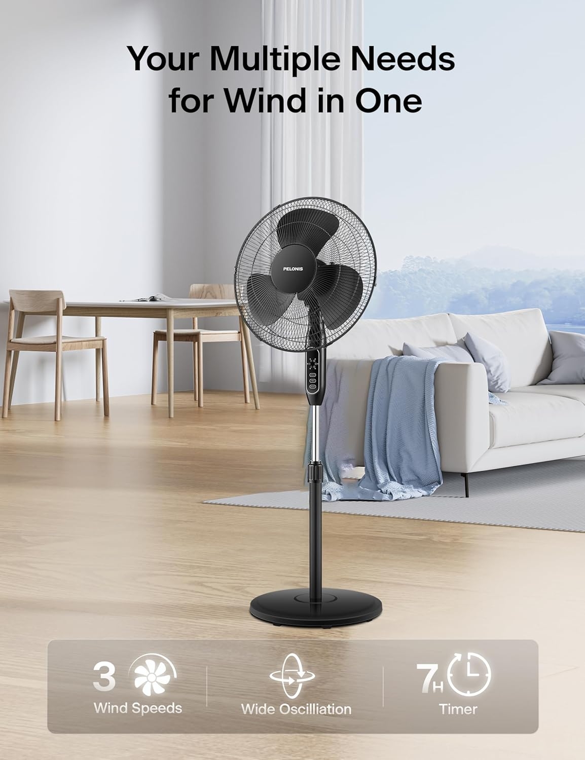 Open Box PELONIS 16 Pedestal Remote Control Oscillating Stand Up Fan 7-Hour Timer 3-Speed and Adjustable Height PFS40A4BBB Supreme 16-Black