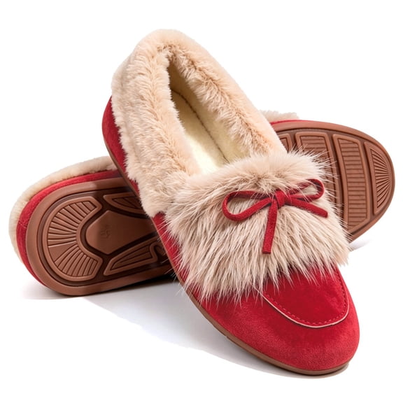 Knivor Fuzzy Bow Moccasin Slippers for Women Suede Faux Fur Lined Slip On Loafer House Shoes Non Slip Sole Indoor Outdoor Winter Warm House Slippers