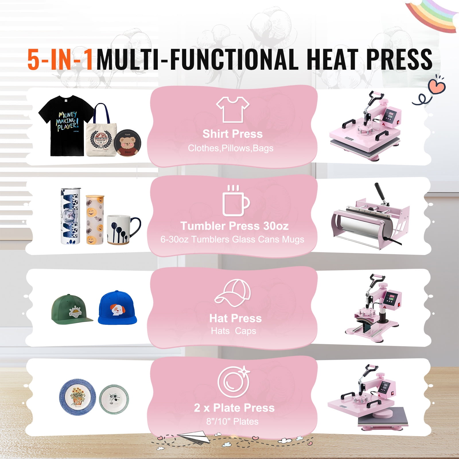 BENTISM Heat Press Machine 6 in 1, 15"X15" Combo Digital Multifunctional Sublimation Heat Transfer Machine, 360 Degree Rotation Swing Away Heat Press for Printing T Shirts Hat Mug Cap Plate 1050W