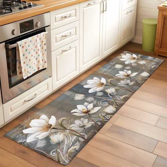 Runner Rug 2 x 6 Ft, Brown Grey Floral Washable Non-Slip Floor Mat for Kitchen Hallway/Entryway, Spring Summer Botanical Vintage Long Kitchen Runner Area Rugs for Living Room, Low-Profile