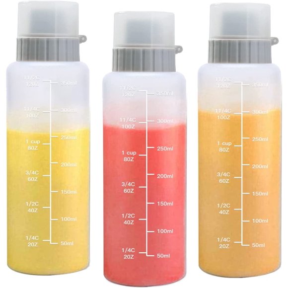 ORIJOYNA Bouteilles Compressibles Rechargeables 12 oz avec Couvercles à Bouchon - Idéal pour Sauces Piquantes, Sauce Barbecue, Huile, Vinaigrettes - Lot de 3 (Gris)
