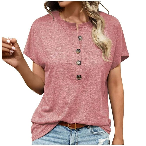 ZyeKqe Womens Tops Dressy Casual Blouses Short Sleeve Shirts Crewneck Button up Tops Loose Fitted Basic Summer Tees