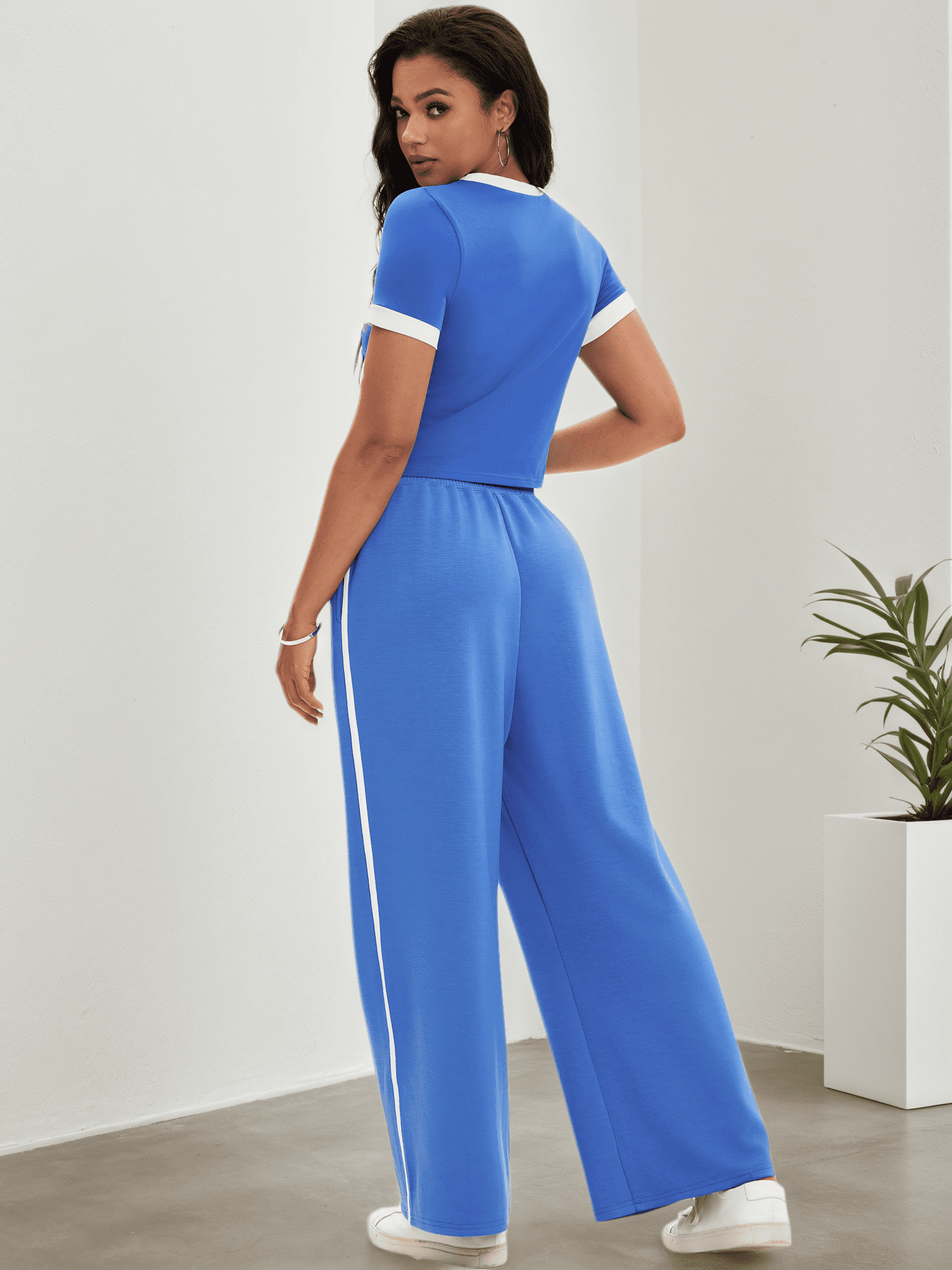 DARING DIVA Women 2 Pieces Set Crop Tops Wide Leg Pants Fall Outfits M Royal Blue
