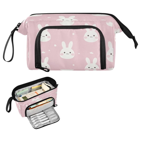 Nylon Fish Mouth Pencil Case with Large Capacity Zipper Pencil Pouch Pink Cute Bunnies Pencil Bag Organizers