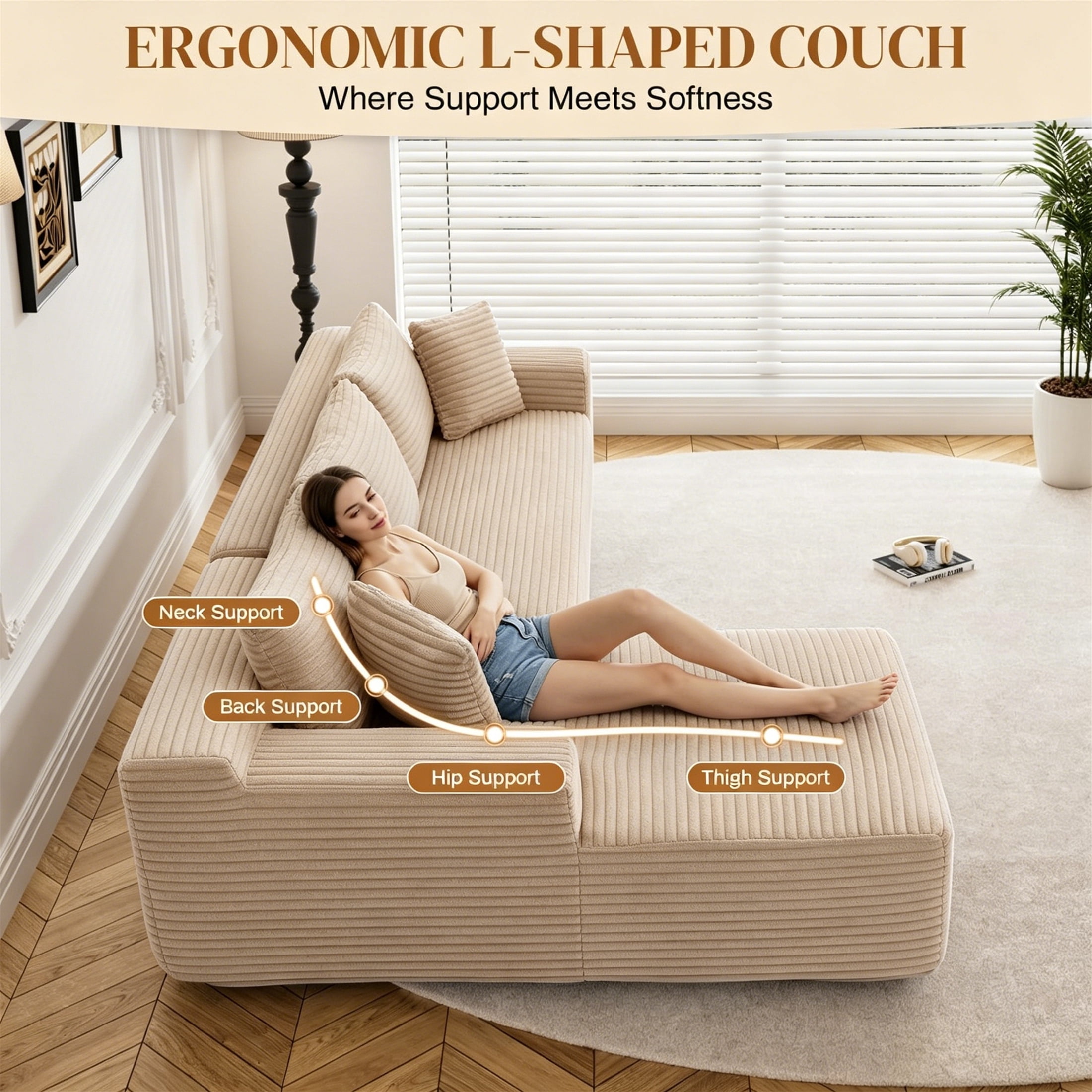Aukfa 96" Cloud Sectional Sofa Deep Seat Boneless Couch Modular L-Shaped Couch, Left Chaise Corduroy Sofa for Living Room, Camel