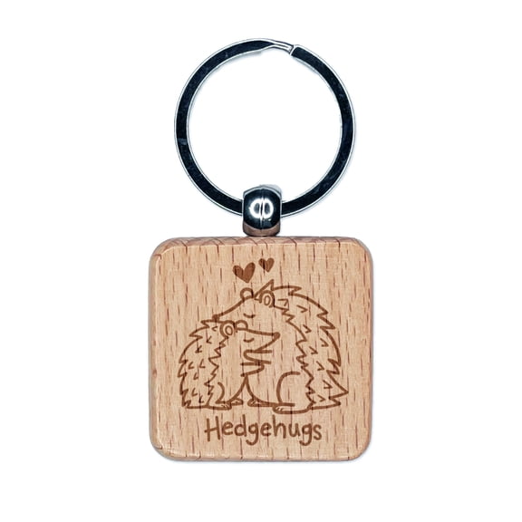 Hedgehugs Hedgehogs Hugging Love Square Keychain Charm Tag - Engraved Wood