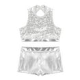 thumbnail image 3 of iixpin 2PCS Kids Girls Shiny Metallic Jazz Dance Wear Outftit Mock Neck Crop Top and Booty Short Silver 8, 3 of 7