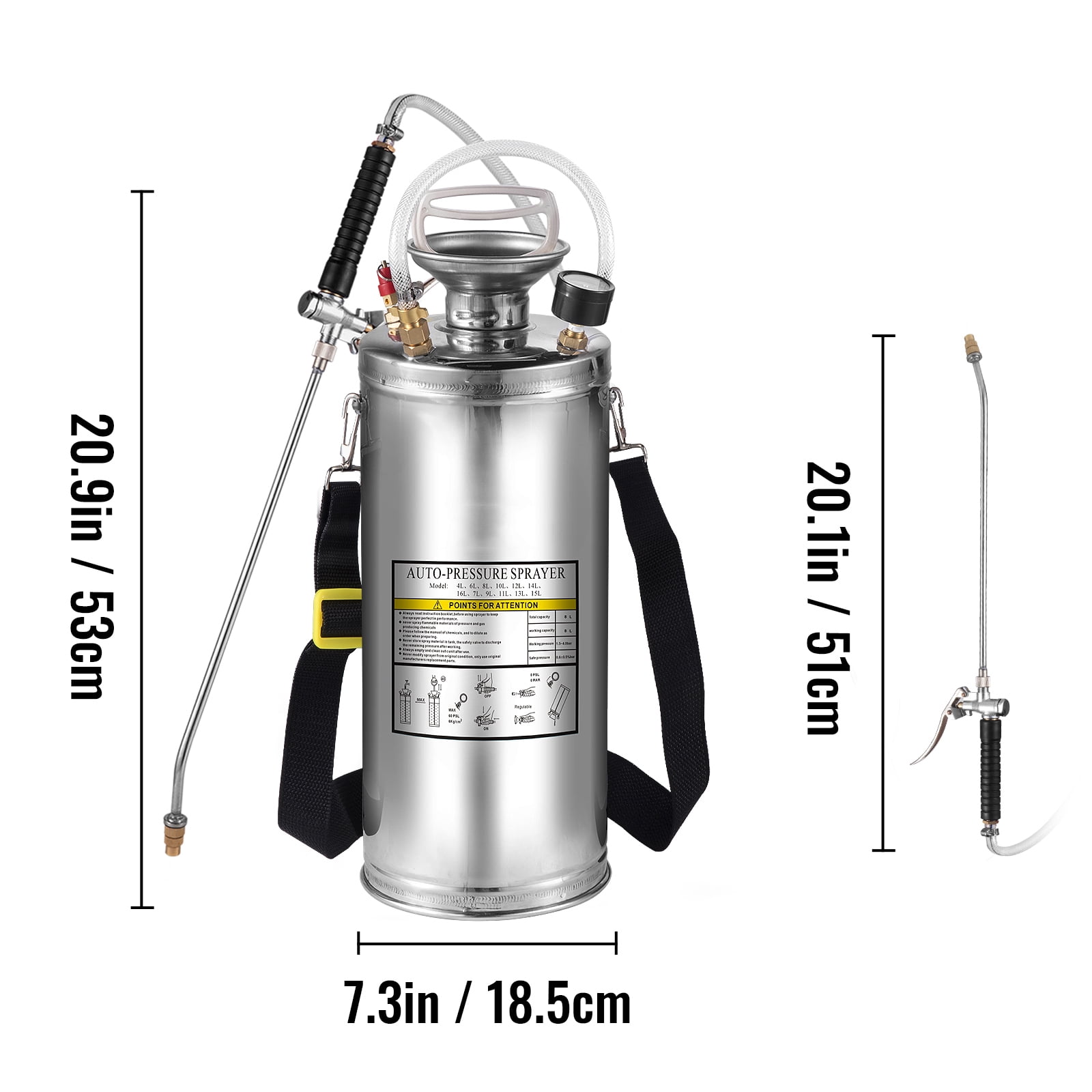 KFFKFF 2G Stainless Steel Sprayer, Full Set with 20" wand& handle& 3.3" Reinforced Hose, Hand Pump Sprayer with Pressure Gauge&Safety Valve, Adjustable Nozzle Suitable for Gardening and Sanitizing
