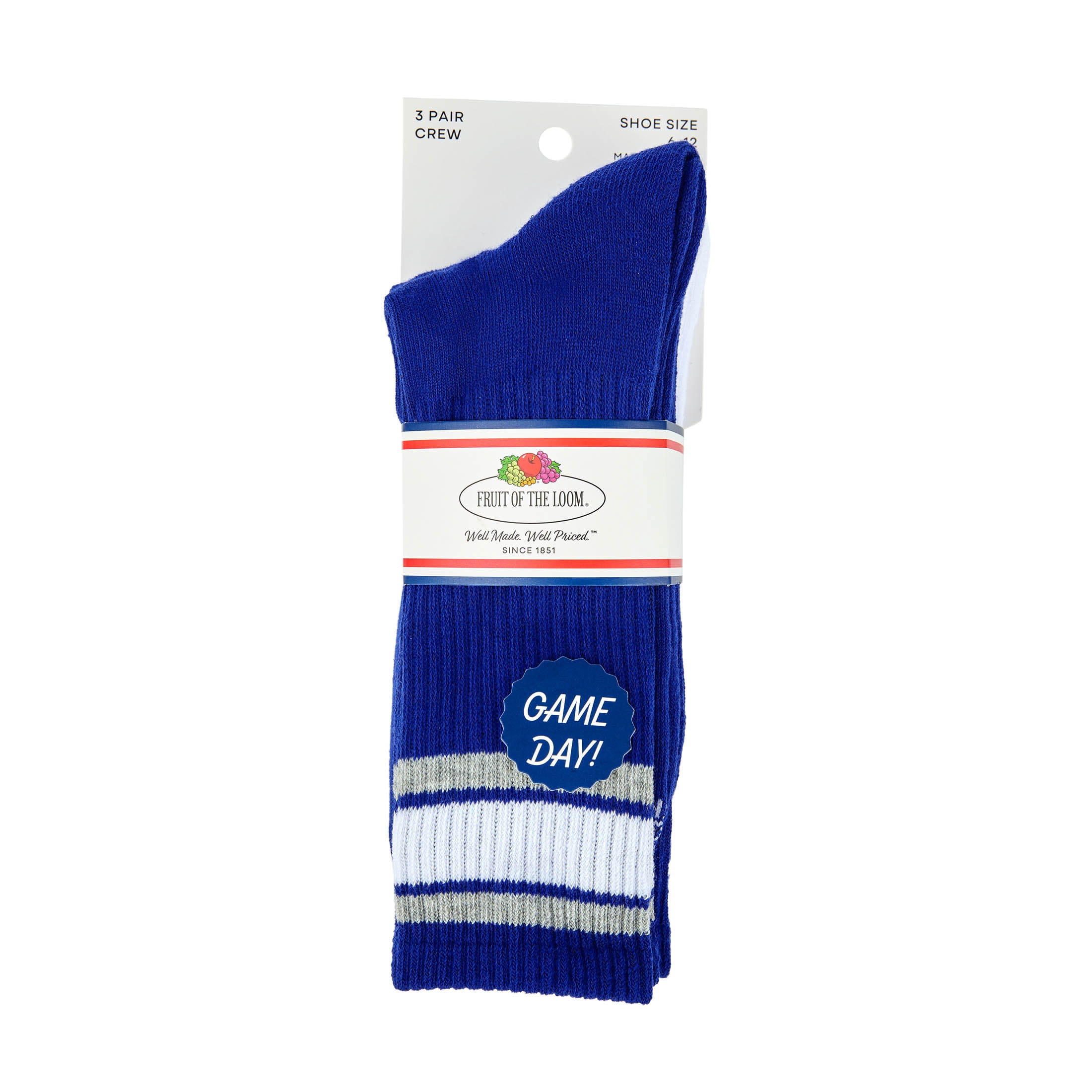 Fruit of the Loom Mens Gameday Crew Socks, 3-Pack, Sock Sizes 6-12