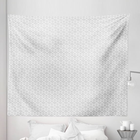 Grey Geometric Tapestry, Abstract Zigzags Stripes and Geometric Motifs Modern Lattice Design, Fabric Wall Hanging Decor for Bedroom Living Room Dorm, 5 Sizes, Pale Grey and White, by Ambesonne
