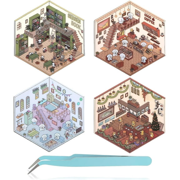 3D Sticker Scene 4 Sets DIY 3D House Stickers Fun Miniature Scene Stickers with Tweezers Cute Korean Sticker Therapy Book for Adults Make Your Own Room Scenes