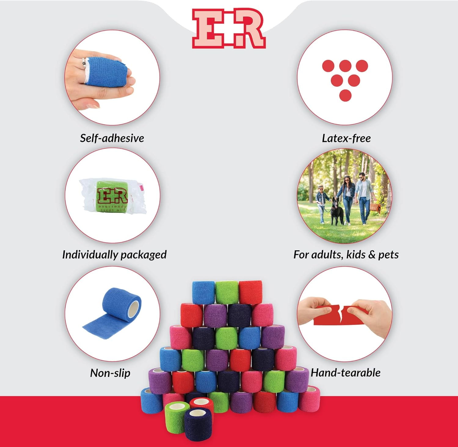 Ever Ready First Aid Self Adherent Cohesive Adhesive Bandage, Rainbow Colors, 2" x 5', 36 Count