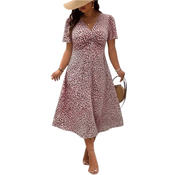 LWavelet Women's Plus Size Leopard Print Midi Dress Short Sleeve V-Neck Twist Front Casual Dress Red 5XL