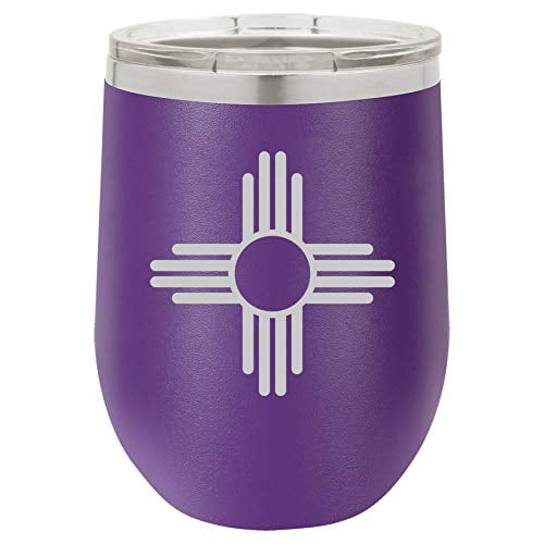 12 oz Double Wall Vacuum Insulated Stainless Steel Stemless Wine Tumbler Glass Coffee Travel Mug With Lid New Mexico Sun Symbol (Purple)