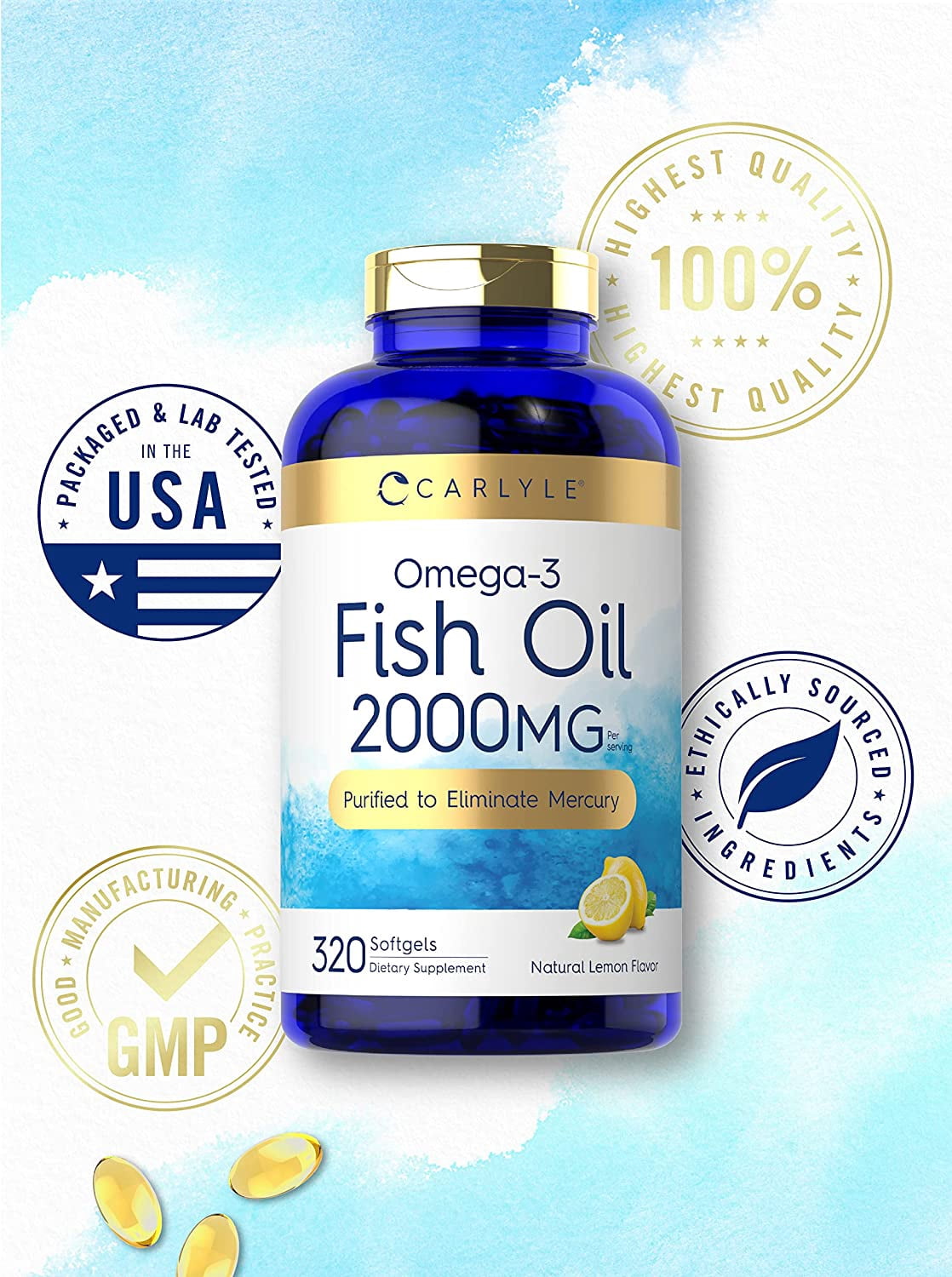 Fish Oil 2000mg | 320 Softgels | 600mg Total Omega 3 | Non-GMO & Gluten Free | by Carlyle