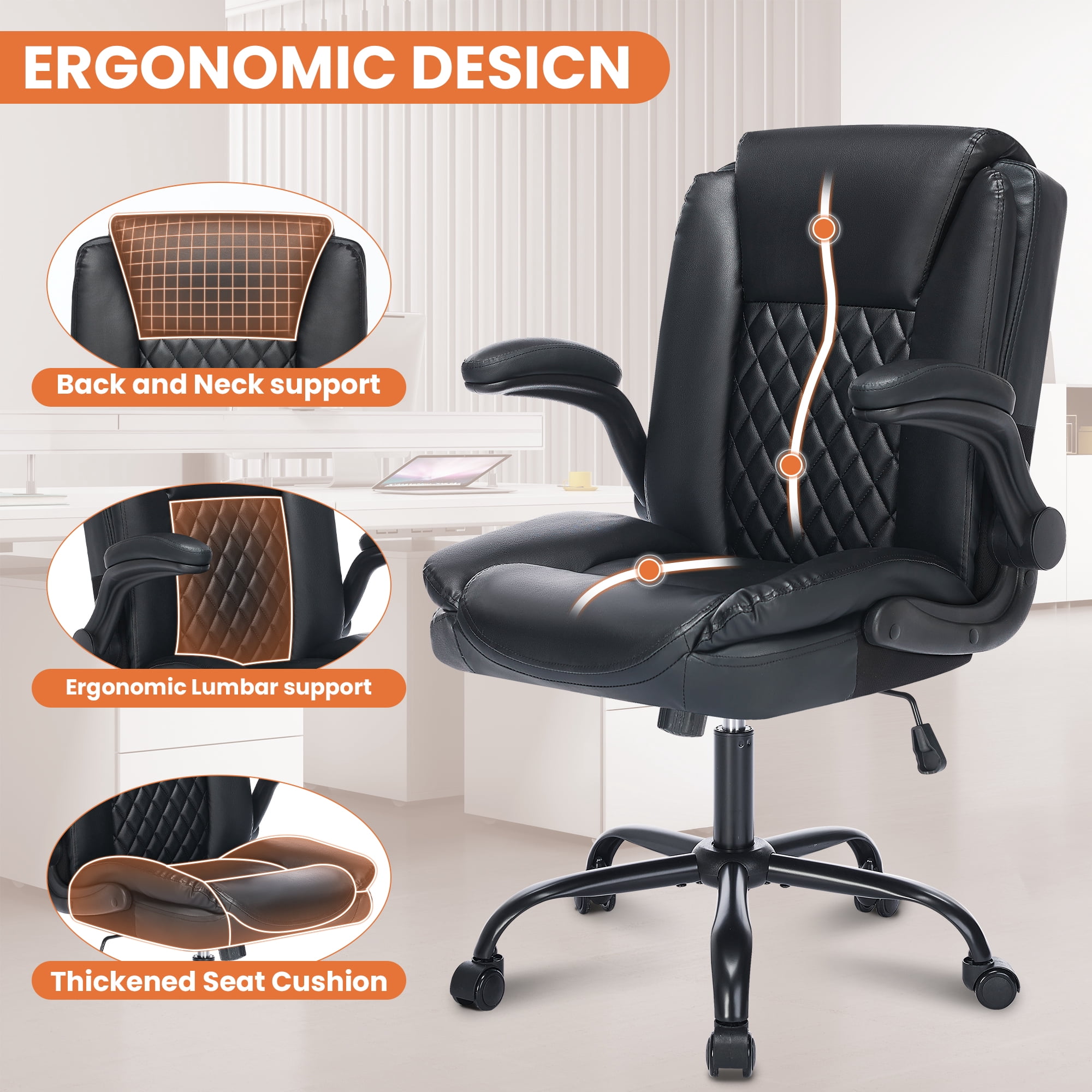 Fantasylab Executive Ergonomic 300LBS PU Leather Home Office Desk Chair, Computer Desk Chair with Adjustable Armrest,Black