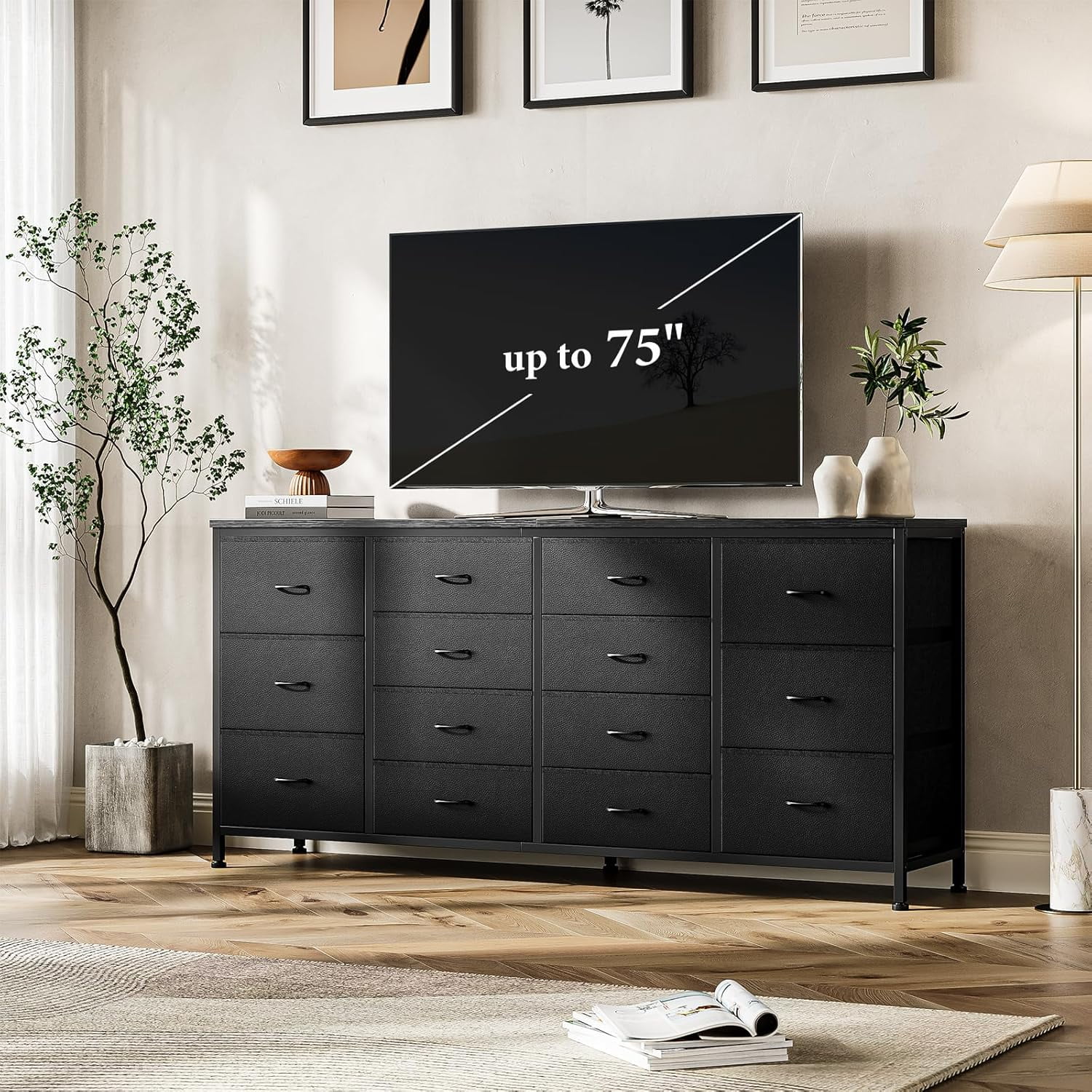 M optimized 63" Dresser for Bedroom, TV Stand for 65 70 75 inch TVs, 14 Drawer Dresser with Power Outlets, Large Long Fabric Dresser Entertainment Center