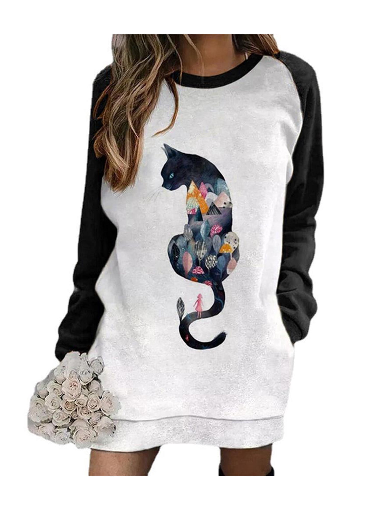 WEARELLA Womens Raglan Sleeve Cat Print 