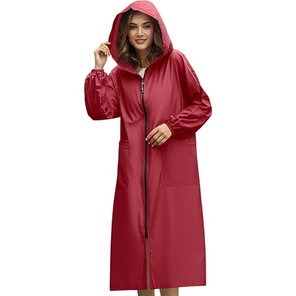 shqvo Women Long Raincoat Rain Jacket Coat Plus Size Lightweight for Work Hooded Full Zip up Waterproof Windbreaker