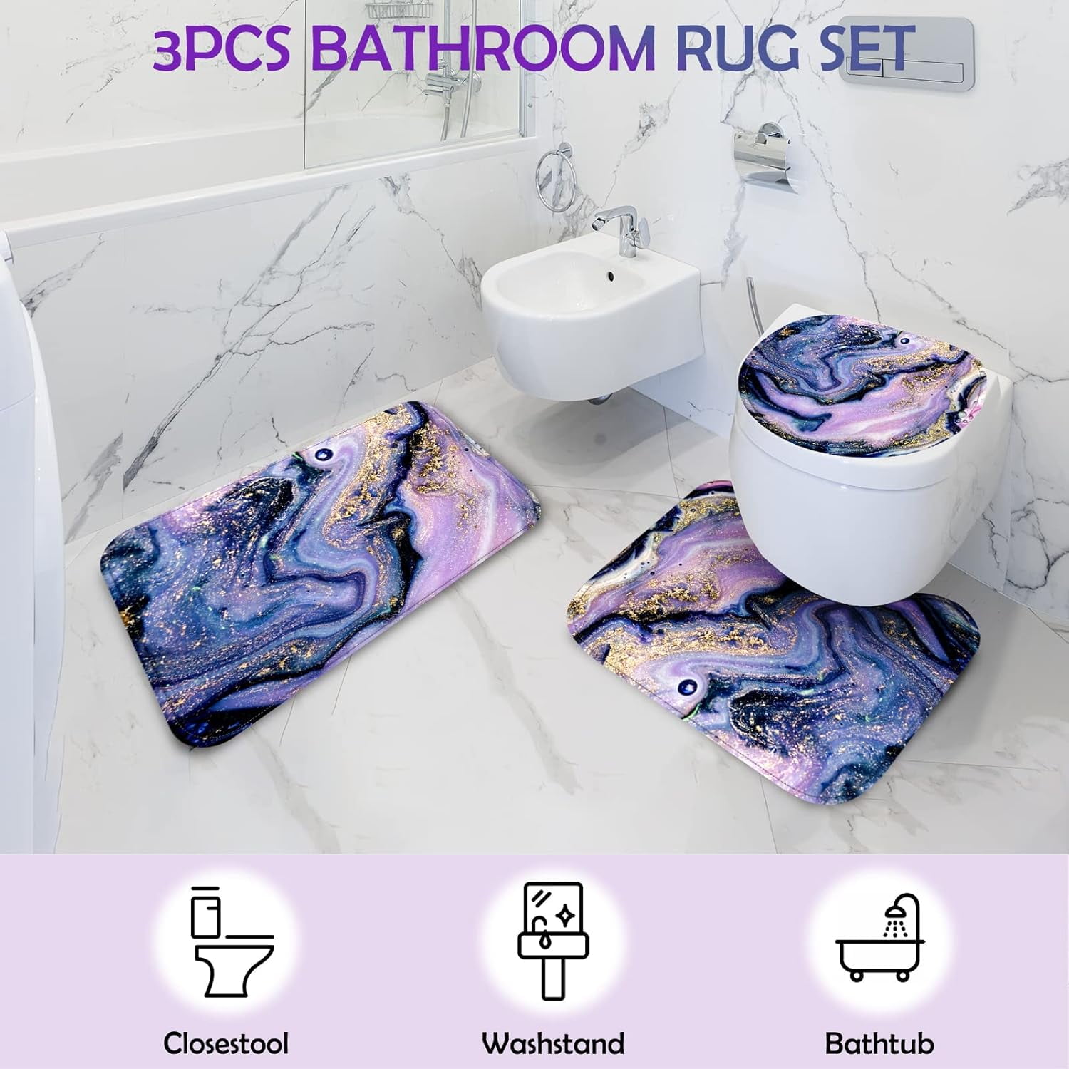 Bathroom Sets with Shower Curtain and Rugs, Toilet Lid Cover, and Non-Slip U Shape Mat, Waterproof Polyester Bathroom Shower Curtain Sets with 12 Hooks