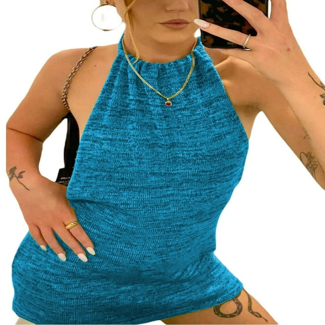 Robe Tricotée d'Été Couleur Unie Sans Manches Licou Dos Nu Jupe Femmes Slim