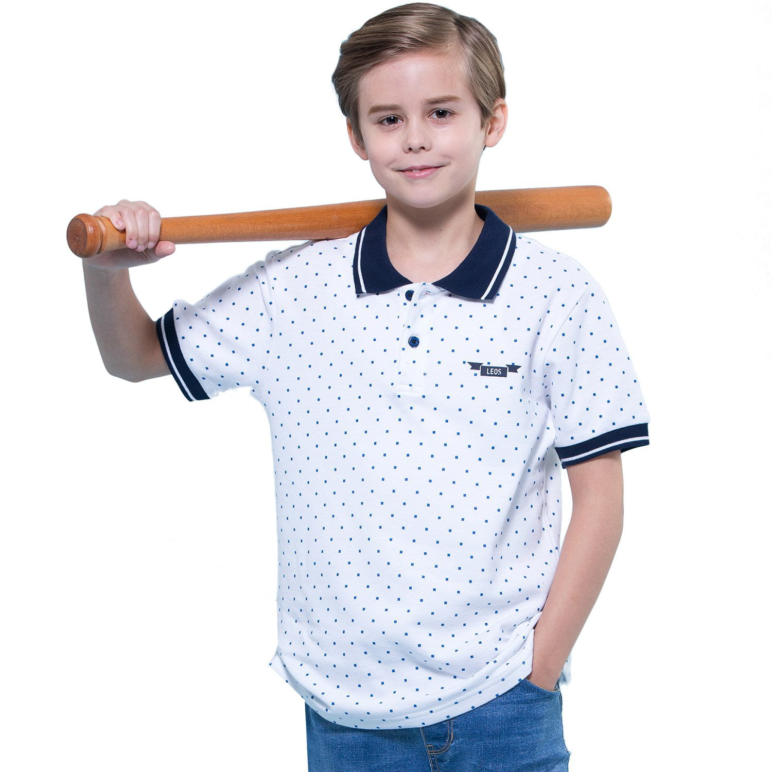 LEO&LILY Boys Casual Polo Shirts Blue Gingham Collars